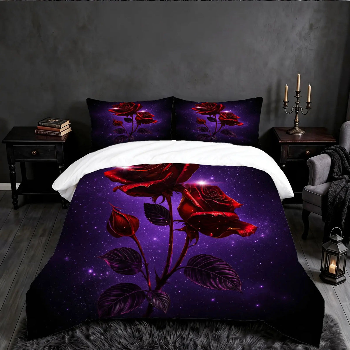 2/3Pcs Gothic Night‑Moon Red Rose Decorative Duvet Cover Set, Dark Romantic‑Style Digital Printed Bedding, No Core, Soft Machine‑Washable Quilt Cover, Perfect for Bedroom, Dorm & Gothic‑Style Enthusiasts, Ideal Home Decor Gift