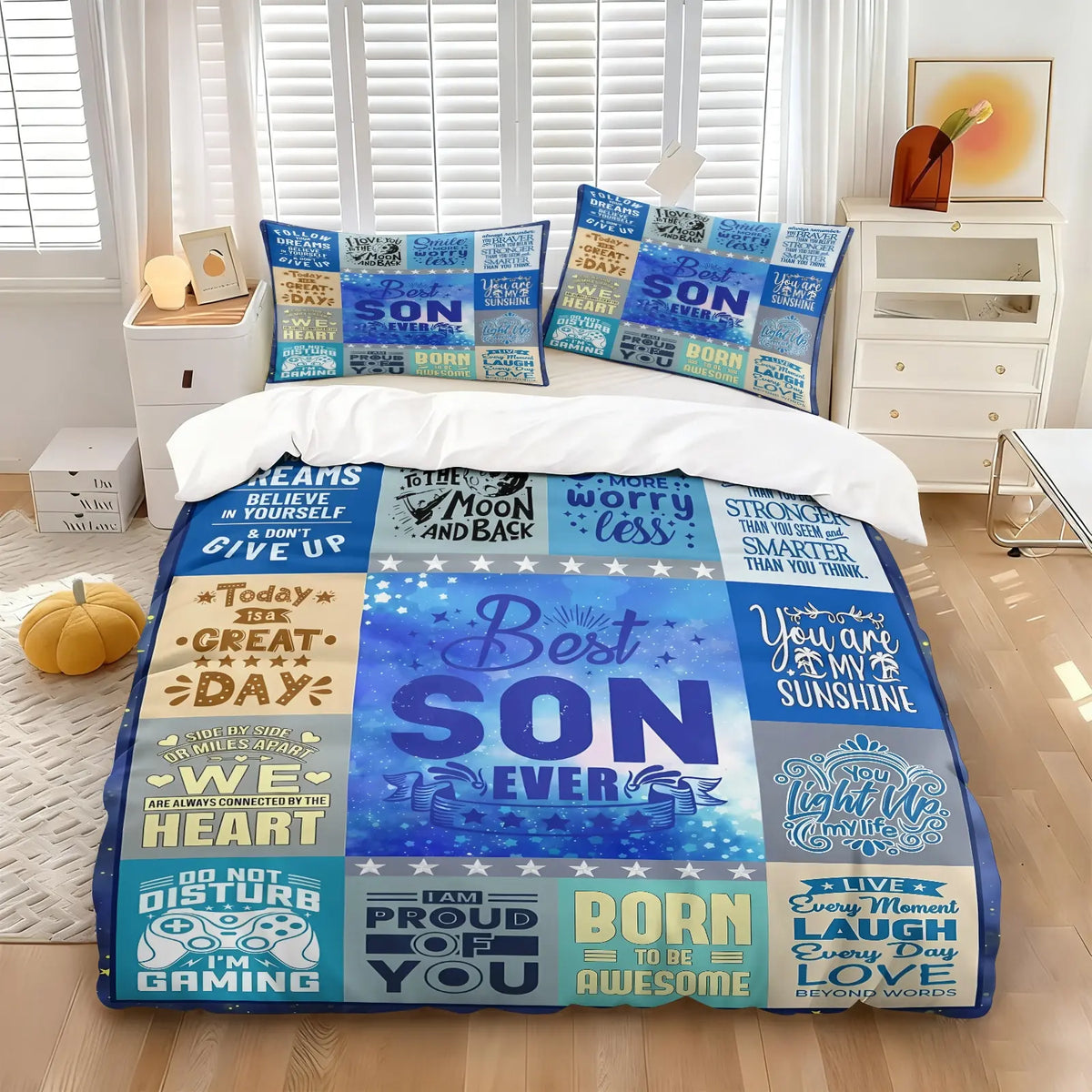 Heartwarming Themed Patchwork Printed Duvet Cover Set,Includes One Duvet Cover and One or Two Pillowcases,“Best SON EVER”Slogan,Heartwarming Quotes Elements,Perfect Gift for Decorating a Child's Bedroom