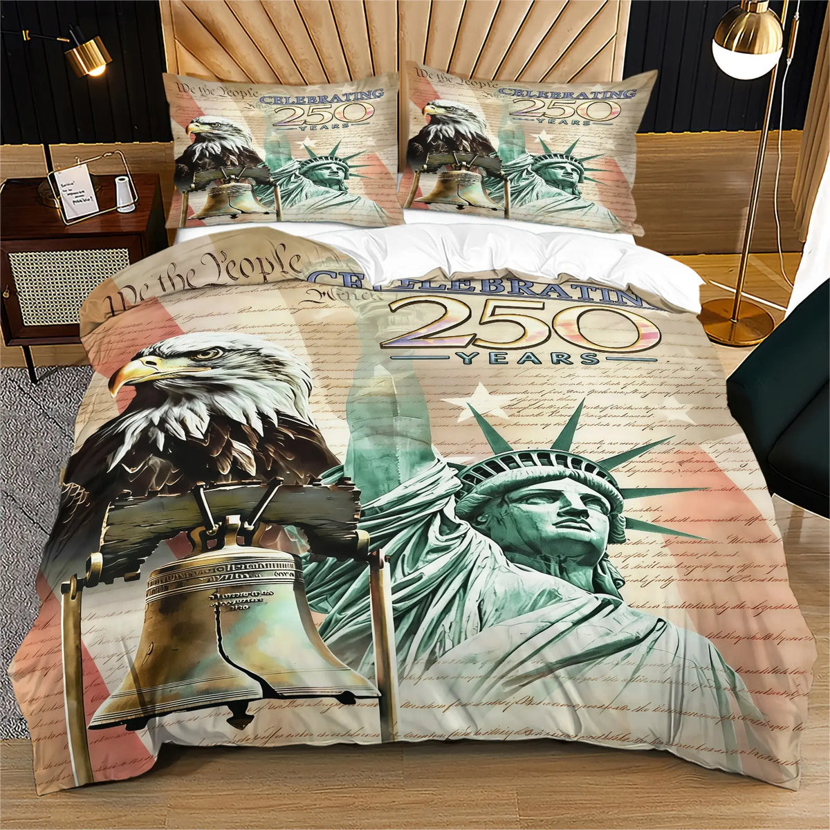 American 250th Anniversary Pattern Quilt Cover Set, Soft And Comfortable Bedding Set (1 Duvet Cover + 1/2 Pillowcase, No Filler), Suitable For Teenagers And Adults, Bedroom, Dormitory, Guest Room Scene