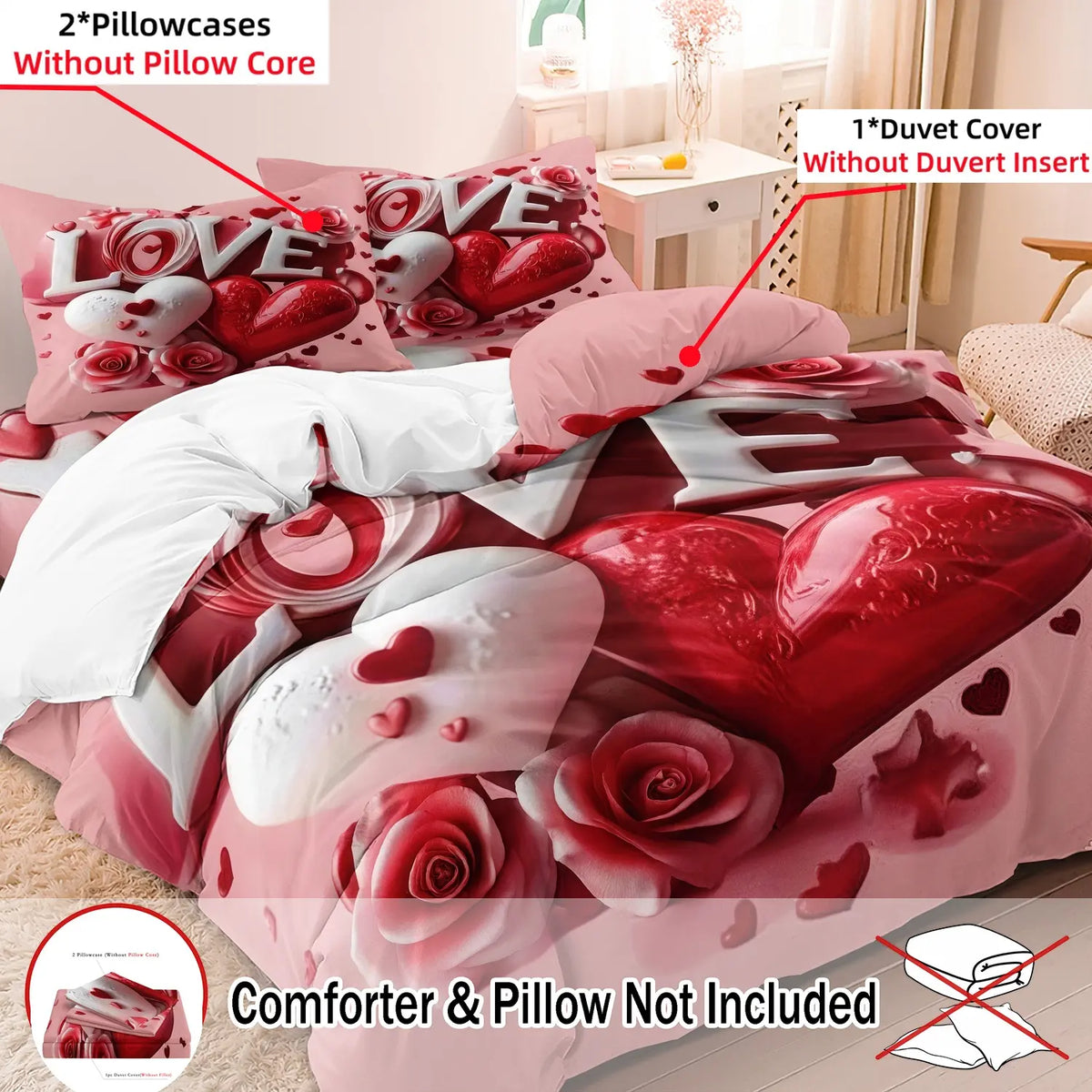 3 PCS Deep Red Rose Heart Design Duvet Cover Set, Bed Covers, Comfy Bedding Sets Decorative Bedding for Bedroom & Hotel, Holiday Gift (1 Duvet Cover + 2 Pillowcases, No Comforter, No Pillow Insert) #GLOBAL PICKS