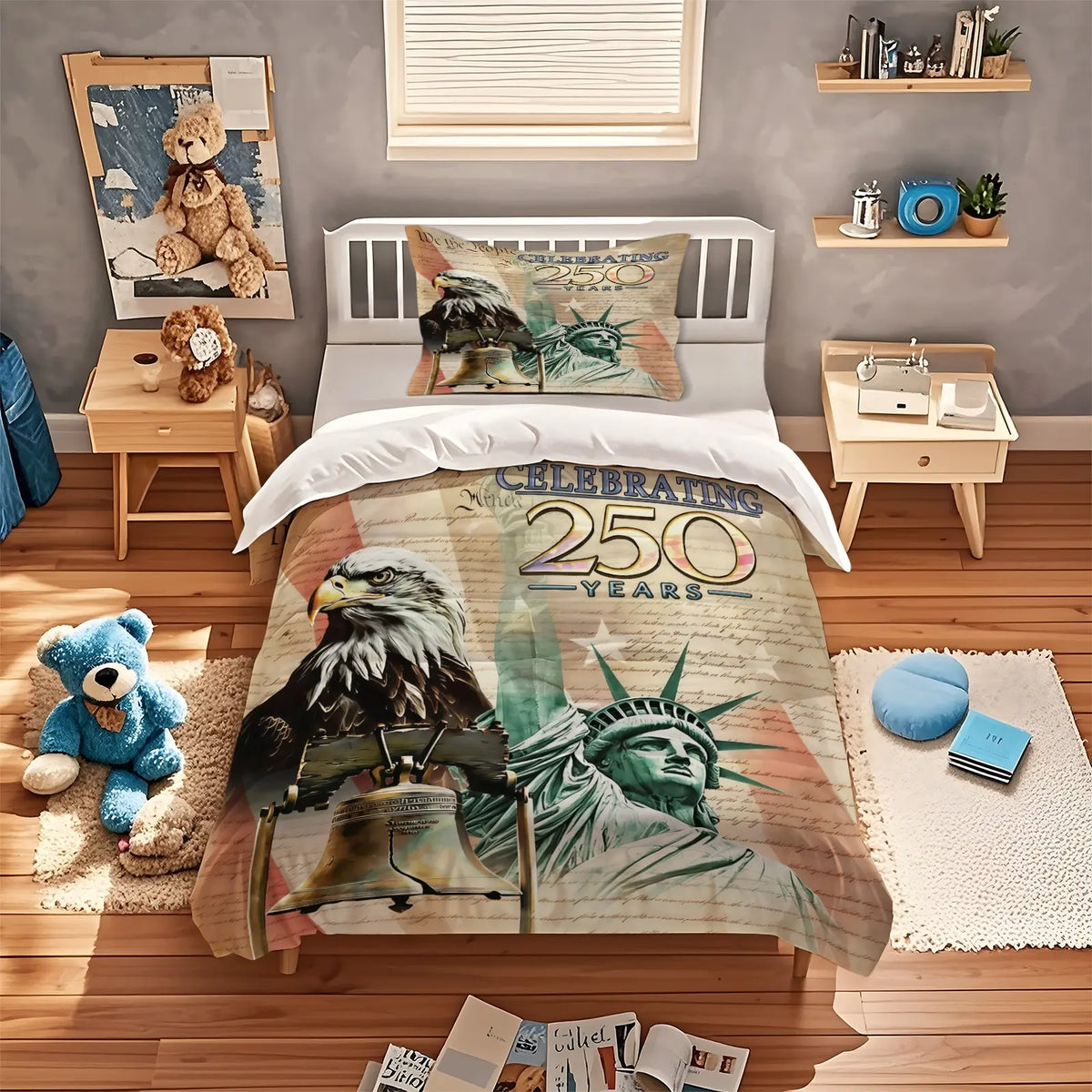American 250th Anniversary Pattern Quilt Cover Set, Soft And Comfortable Bedding Set (1 Duvet Cover + 1/2 Pillowcase, No Filler), Suitable For Teenagers And Adults, Bedroom, Dormitory, Guest Room Scene