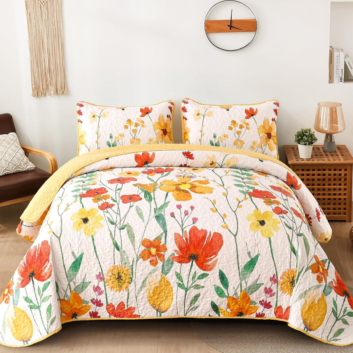Anibedding Floral Quilt Set King, 3 Pieces Yellow Lightweight Bedspread