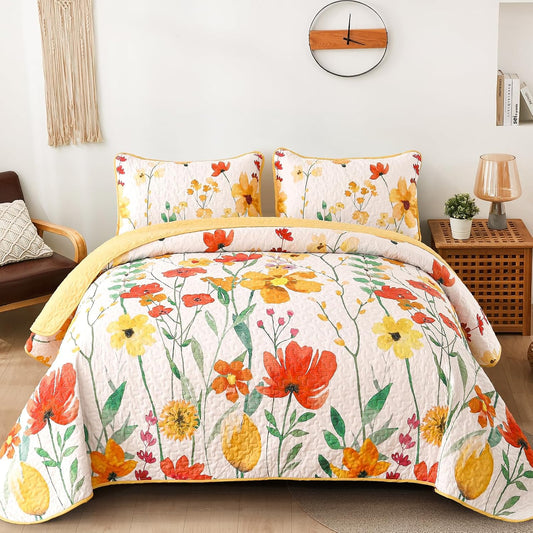 Anibedding Floral Quilt Set King, 3 Pieces Yellow Lightweight Bedspread