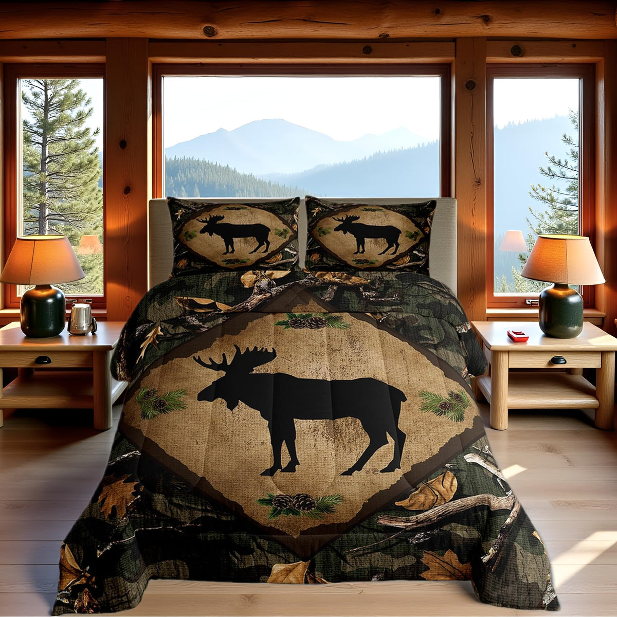Homewish Jungle Cabin Comforter Set,Moose Animal Pine Trees Bedding Sets for Kids Teens Adults,Retro Wooden Stripes Rustic Farmhouse Quilted Comforter with 2 Pillowcases Queen Size 3 Pcs