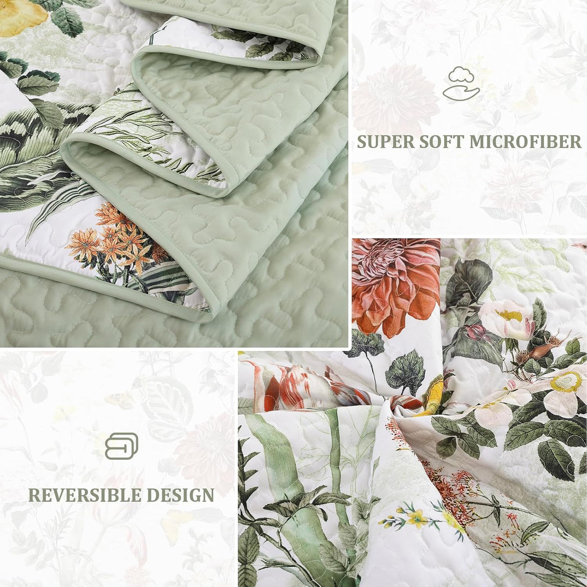 Anibedding Sage Green King Quilt Sets,3 Piece Floral Farmhouse Botanical Lightweight Bedspread Coverlet with 2 Shams Microfiber Spring Summer Bedding Set for All Season(110"x90")