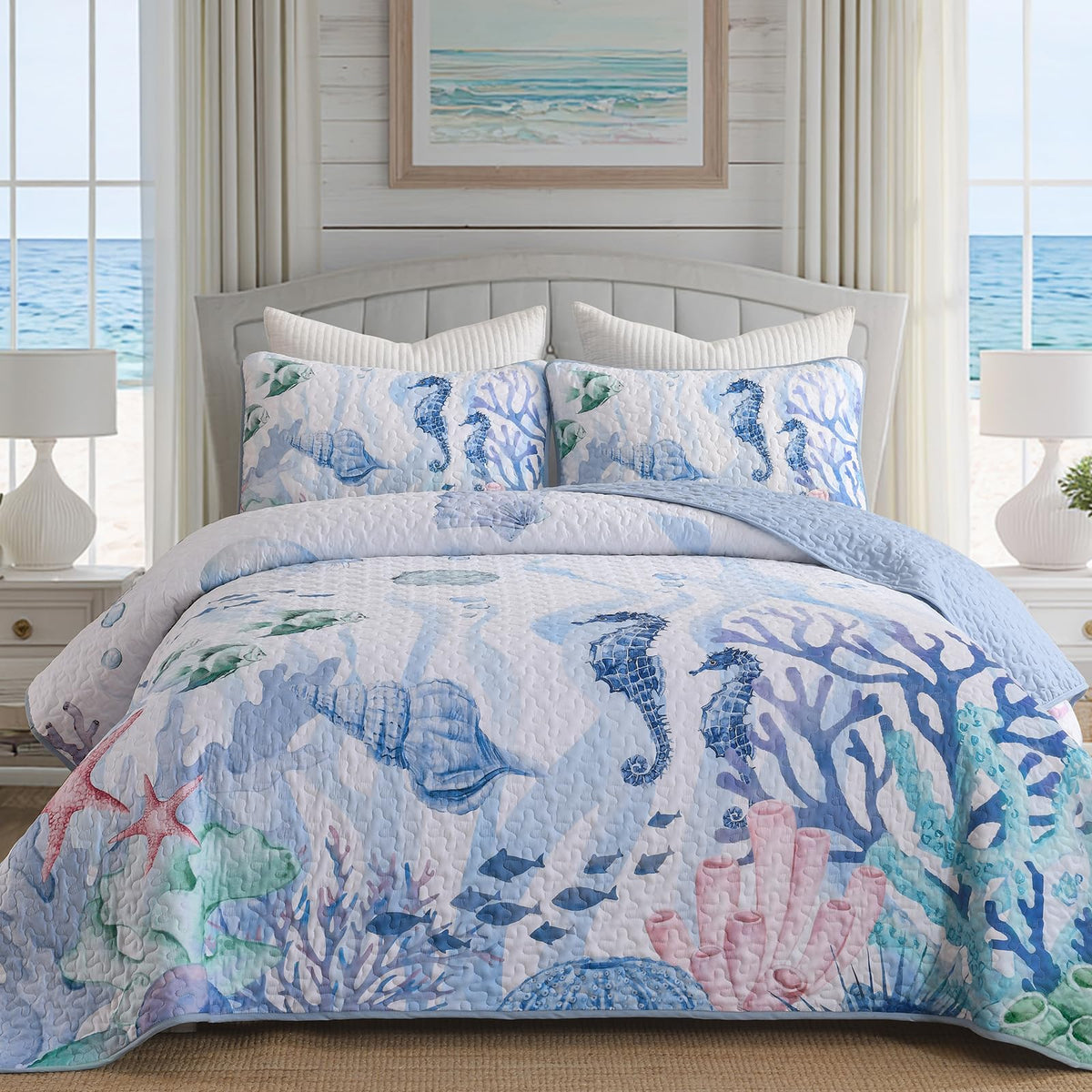 Dinjoy Coastal Quilts Queen Size, Blue Green Ocean Beach Themed Bedding Set