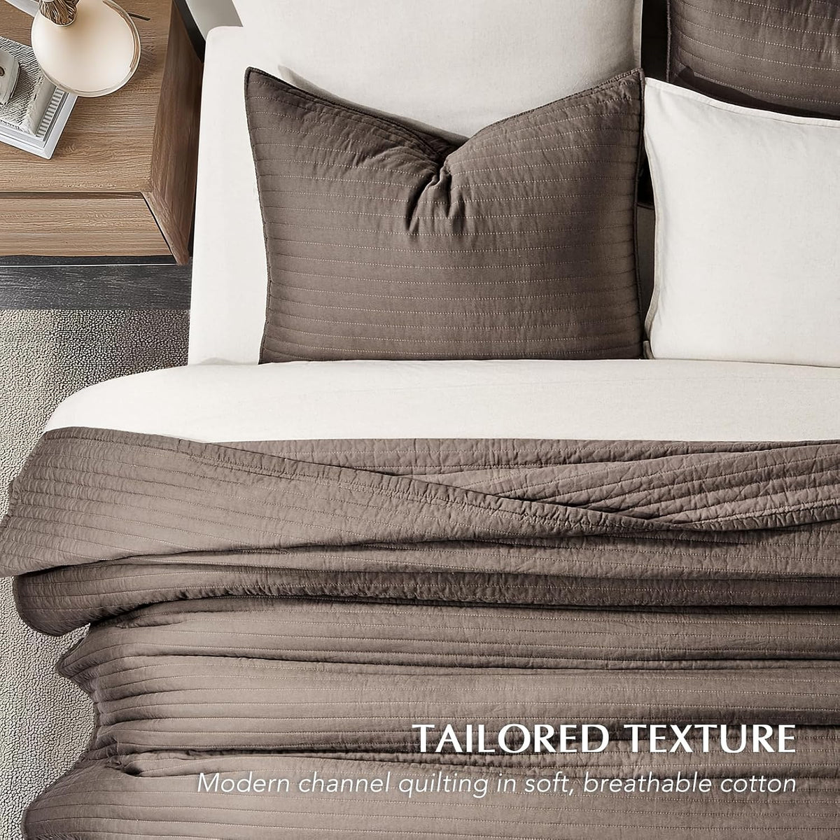 EVERGRACEHOME Cotton Sateen Quilt Set, King Size, Mocha Brown