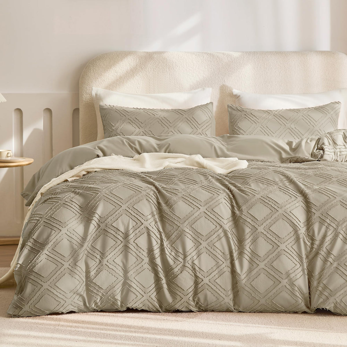 JELLYMONI White Striped Tufted Duvet Cover Set Queen Size