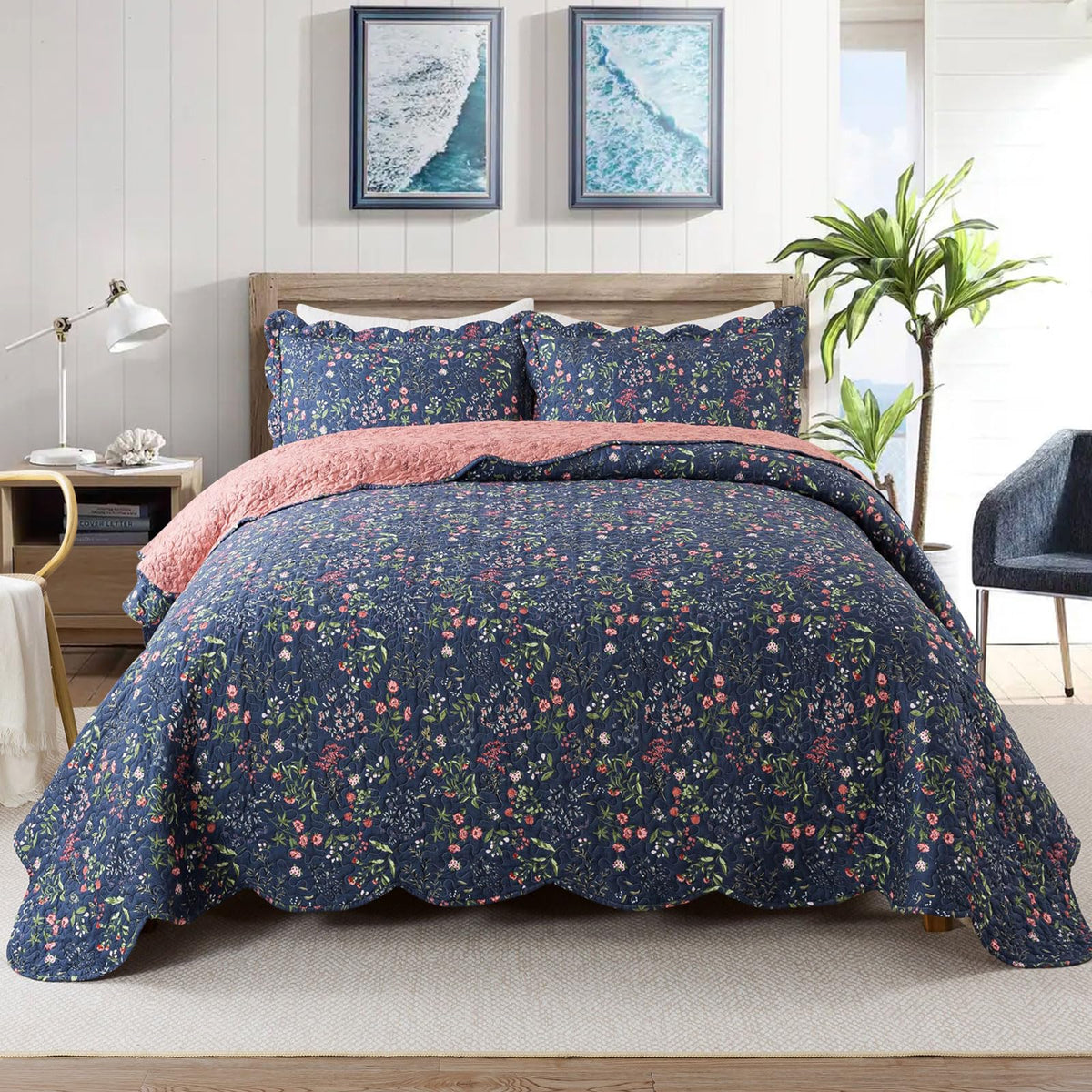 Travan 3-Piece Quilt Set Quilted Bedspread Lightweight Coverlet Set Garden Style Floral Printed Oversized Quilted Bedding Set with Shams for All Season, Exquisite, King Size