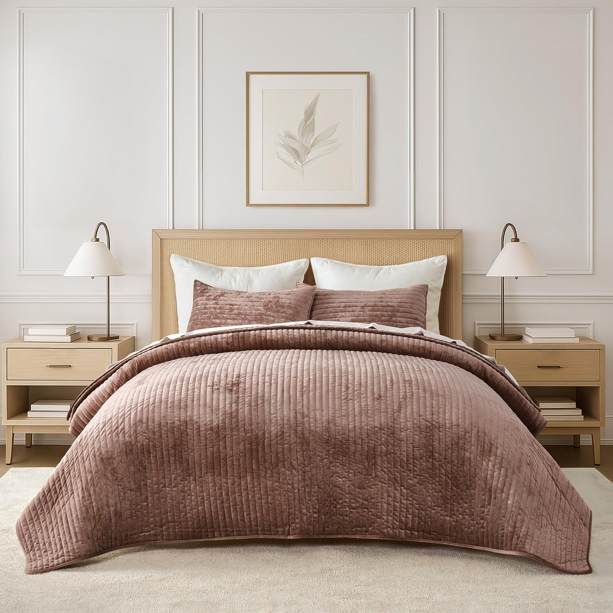 EverGrace Stripe Channel Luxury Velvet Quilt Set King Size, Mocha Brown