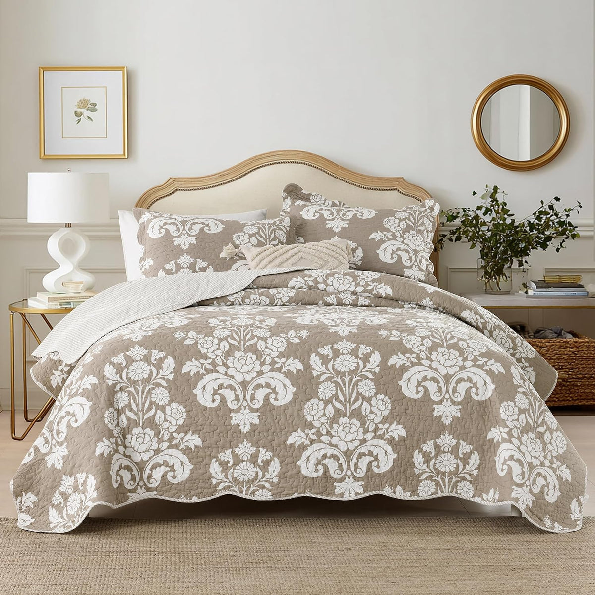 100% Cotton King Quilt Set Taupe Floral Bedding and 2 Pillow Shams