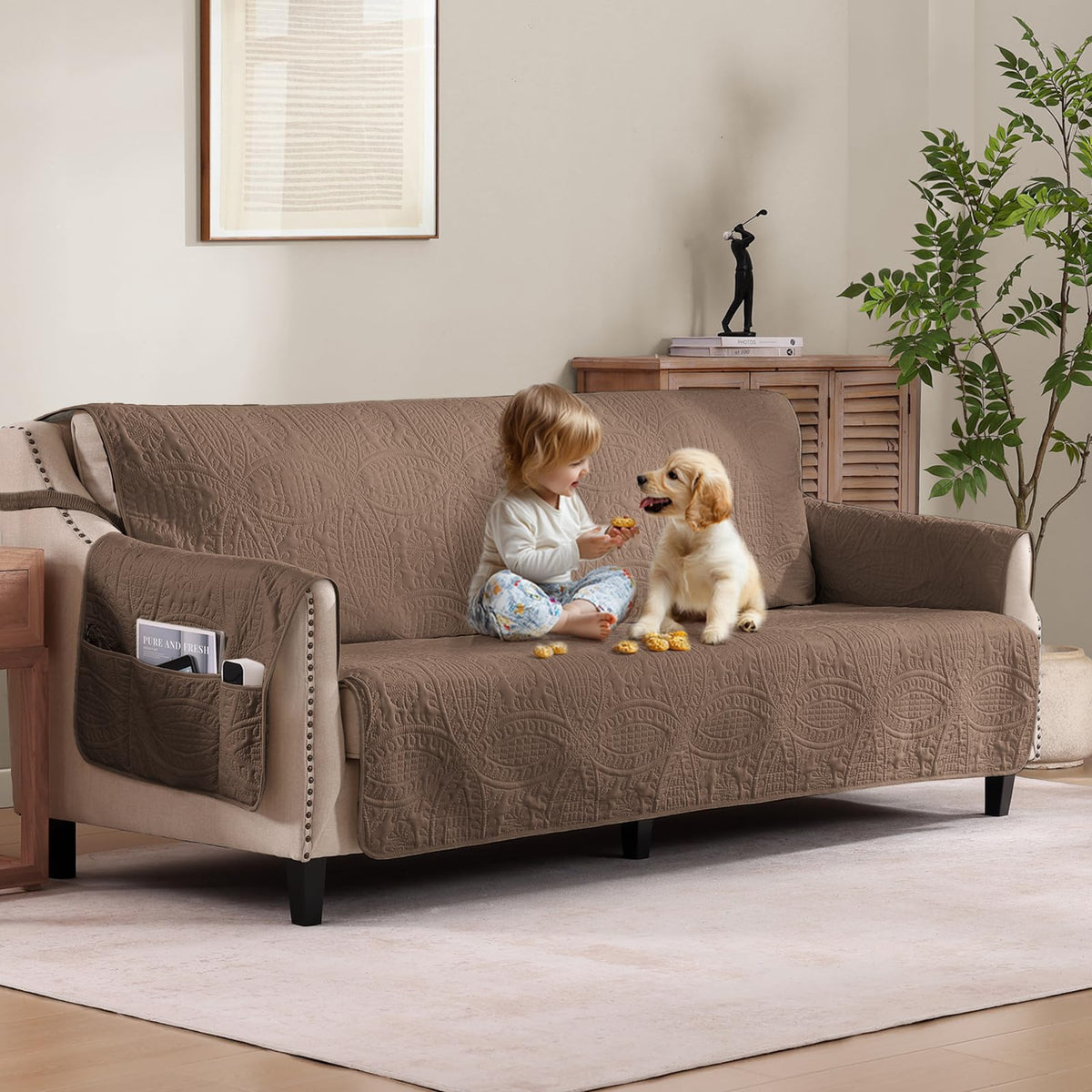 Soft Quilted Couch Cover with Pockets for Extra-Large Sofa, Anti-Slip Sofa Covers Washable for 3 Cushion Pet Friendly Medallion Oversized Sofa Cover Water-Repellent (X-Large Sofa 78", Ivory White)