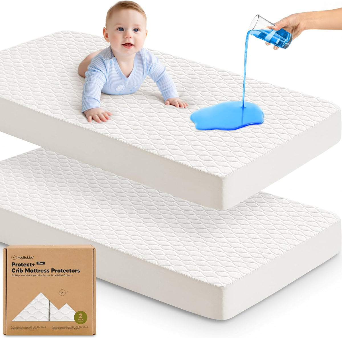 2pk Waterproof Crib Mattress Protector Cover Fitted 52x28 (Soft White/Mavy)