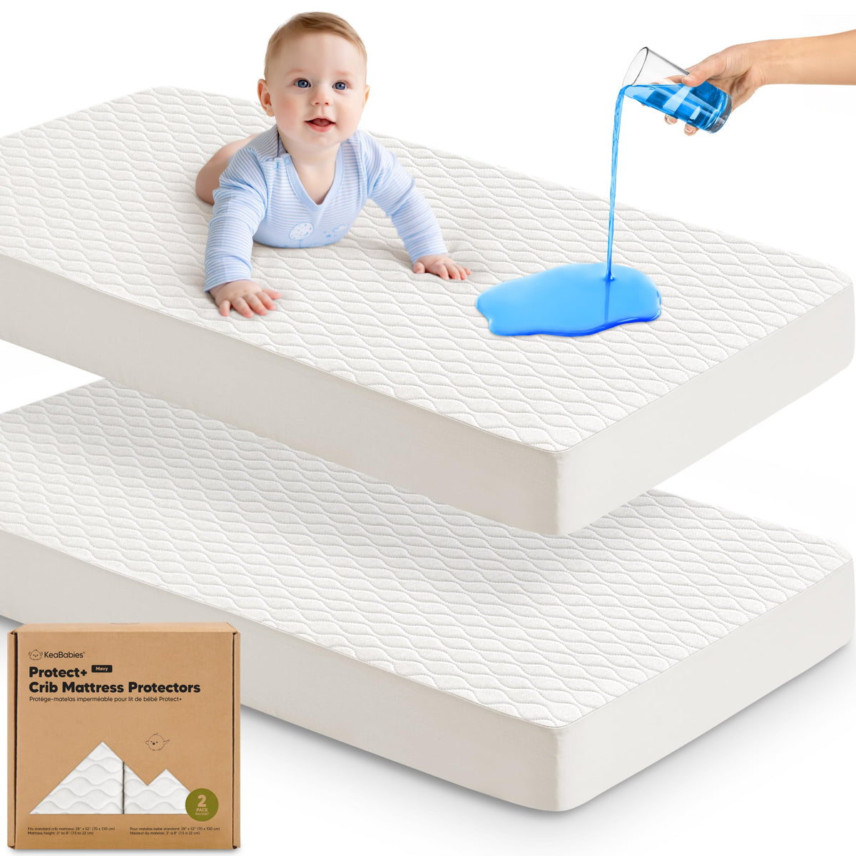 2pk Waterproof Crib Mattress Protector Cover Fitted 52x28 (Soft White/Mavy)