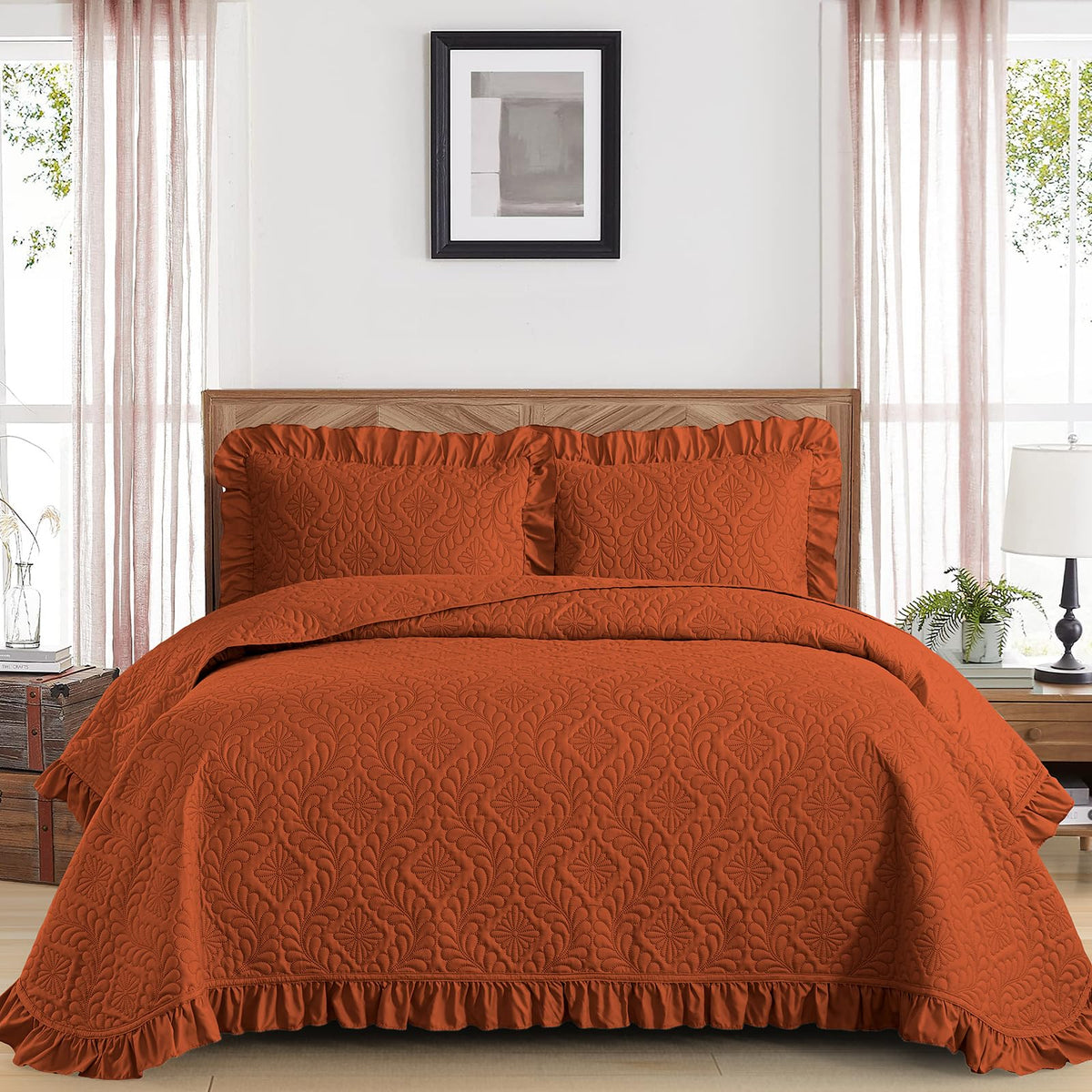 DJY Quilts Queen Size, Ruffled Reversible Bedding Set, Beige