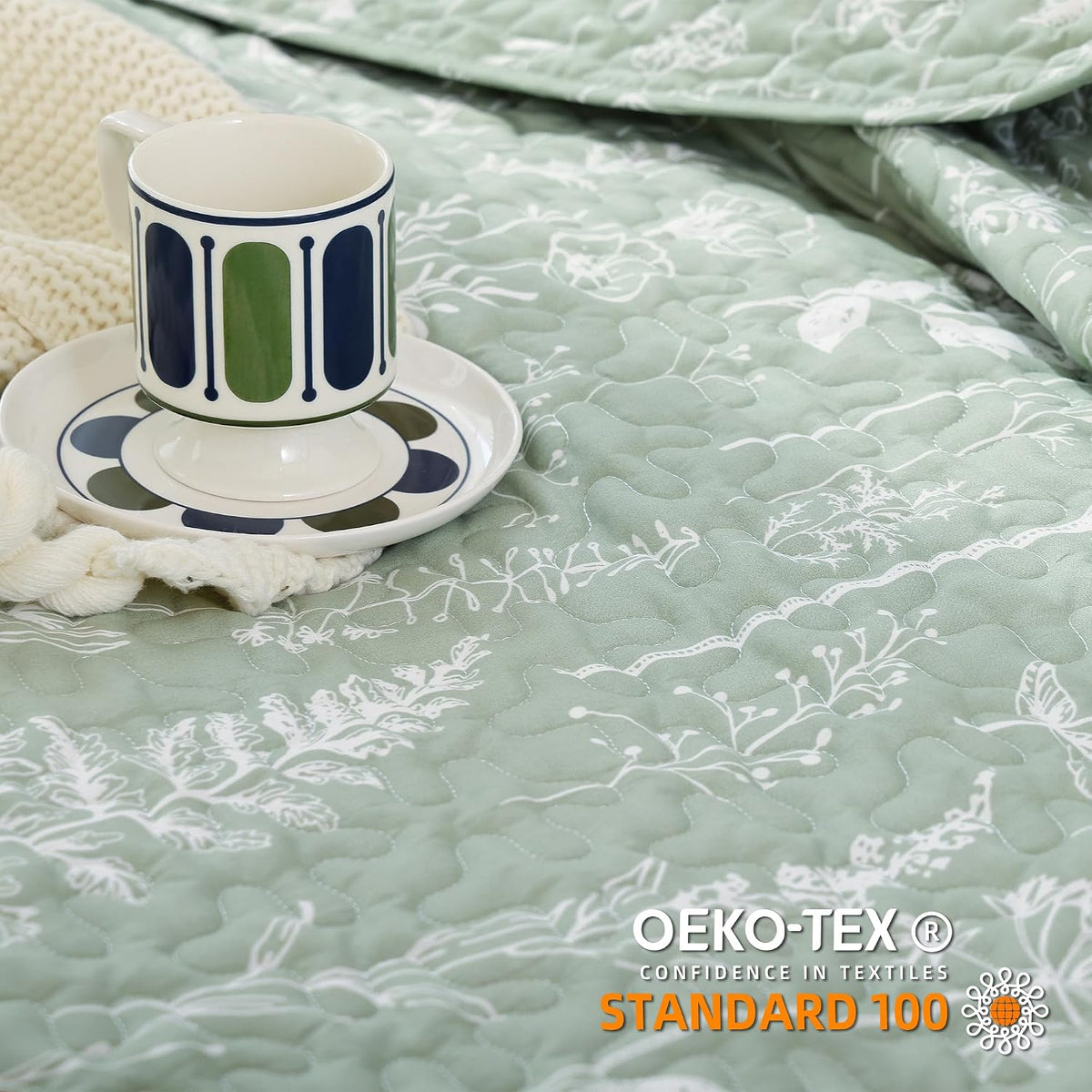 JANZAA Quilts Queen Size, Sage Green Bedspread 3 Pcs Floral Bedding Set