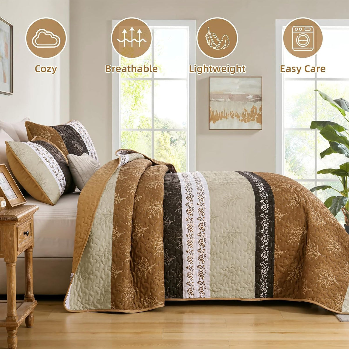 DJY Queen Quilt Set, Lightweight Striped Bedspread Bedding Set, Dark Brown