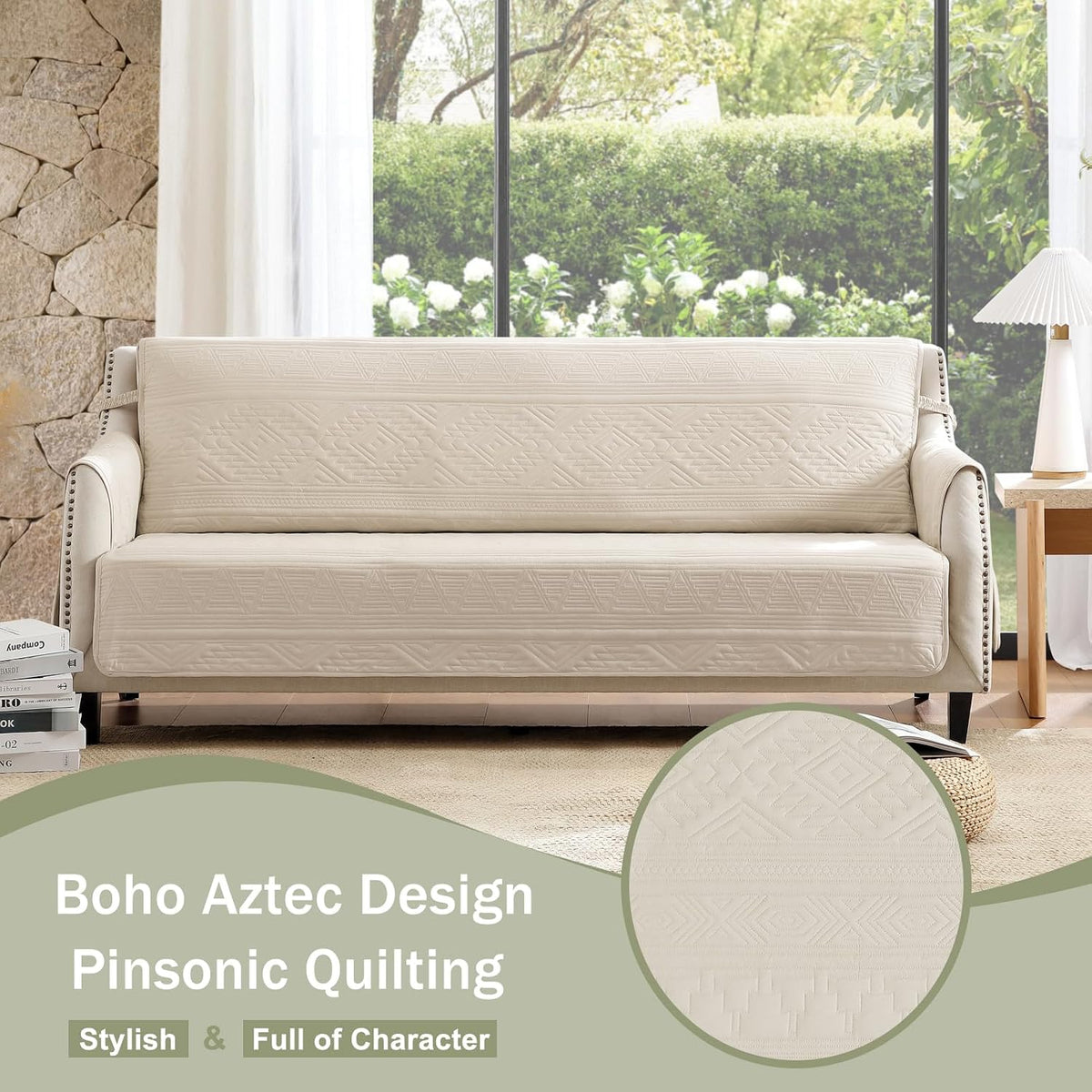 Soft Boho Quilted Couch Cover with Pockets for Extra-Large Sofa, Anti-Slip Boho Sofa Covers Washable for 3 Cushion Pet Friendly, Oversized Sofa Cover Water-Repellent (X-Large Sofa 78", Beige)