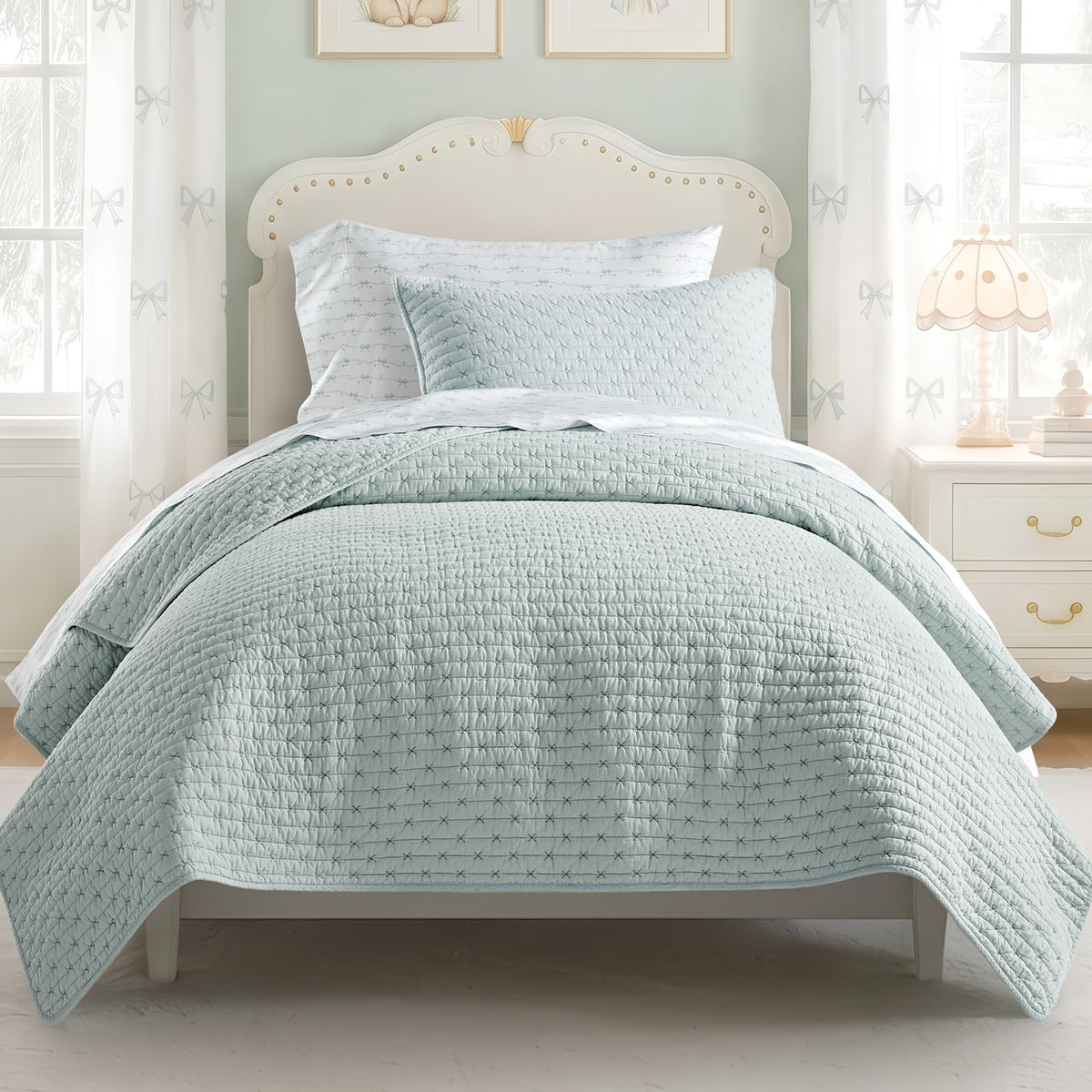 EverGrace 100% Cotton Cross Stitch 3-Piece Quilt, 118"x106", Bright White