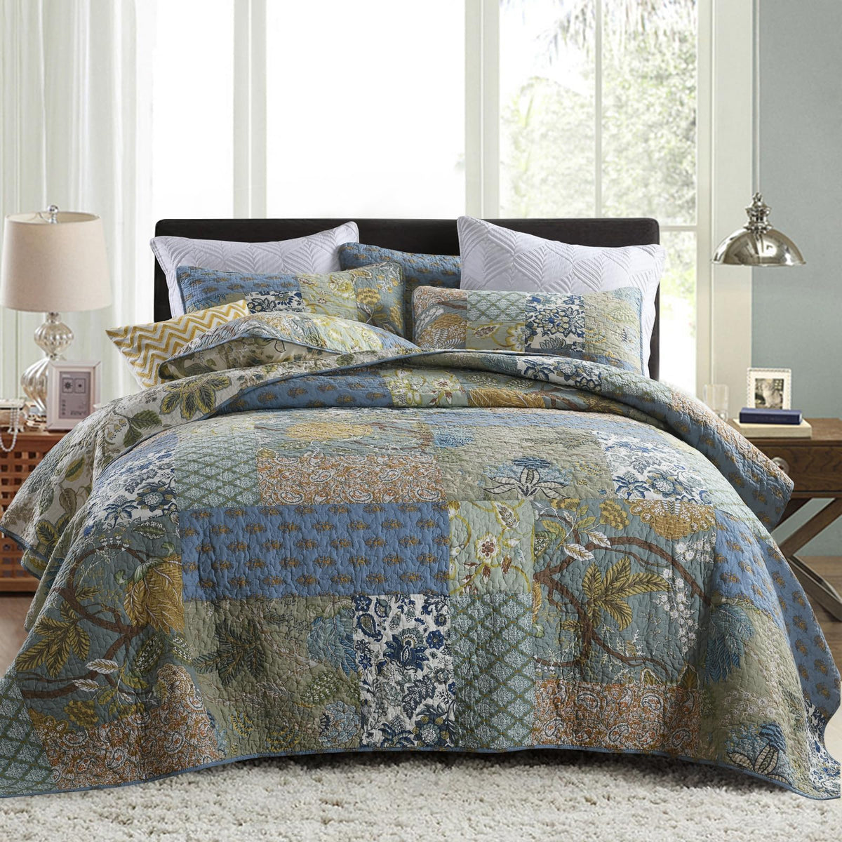 Secgo California King Quilt Size - 100% Cotton Oversized California Comforter Set Green Bedding Sets (120 * 110 Inch) with 2 Pillow Shams, Patchwork Reversible Lightweight Bedspread