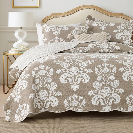 100% Cotton King Quilt Set Taupe Floral Bedding and 2 Pillow Shams