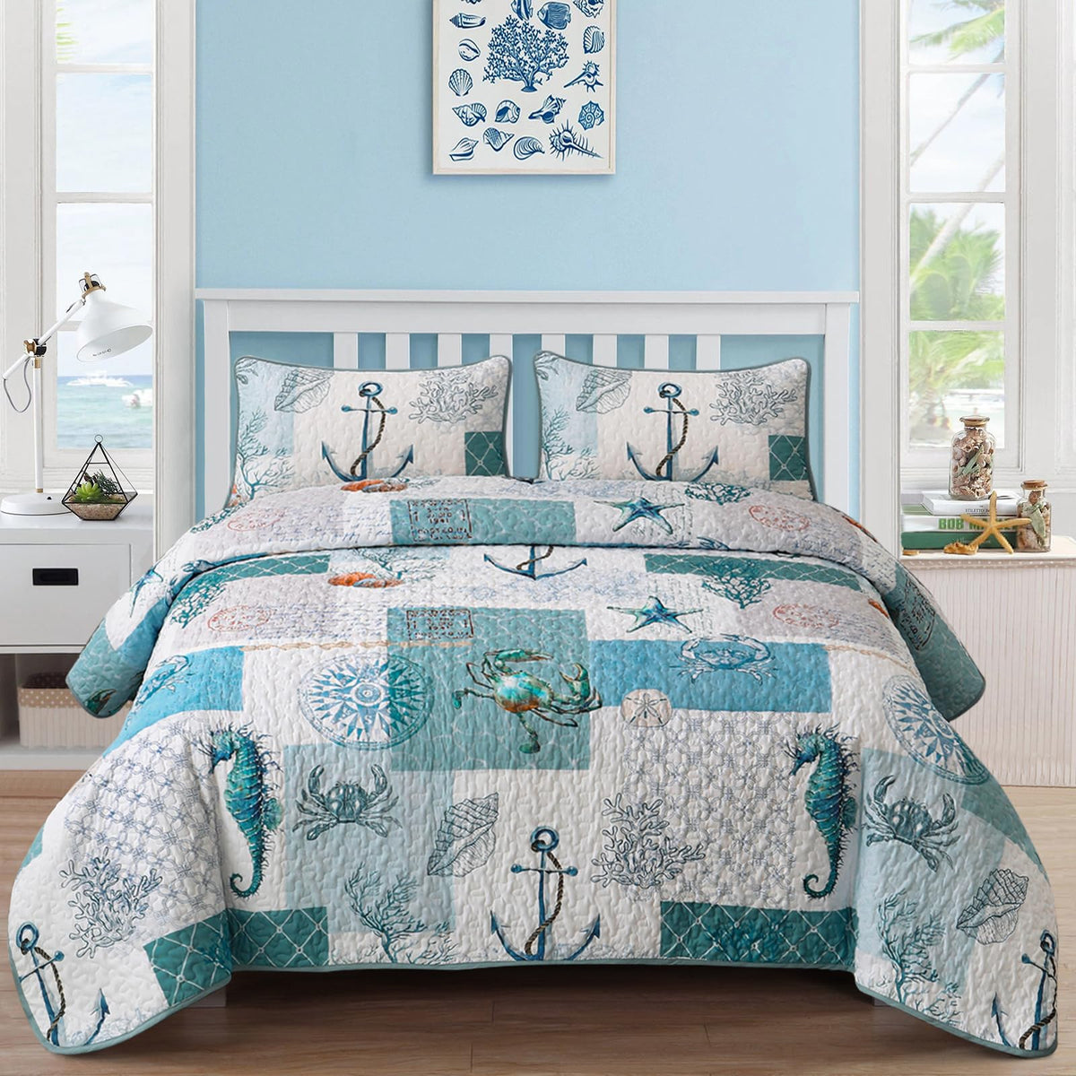DJY Ocean Coastal Quilt Queen Size, 3 Pcs Sea Turtle Theme Bedspread Set