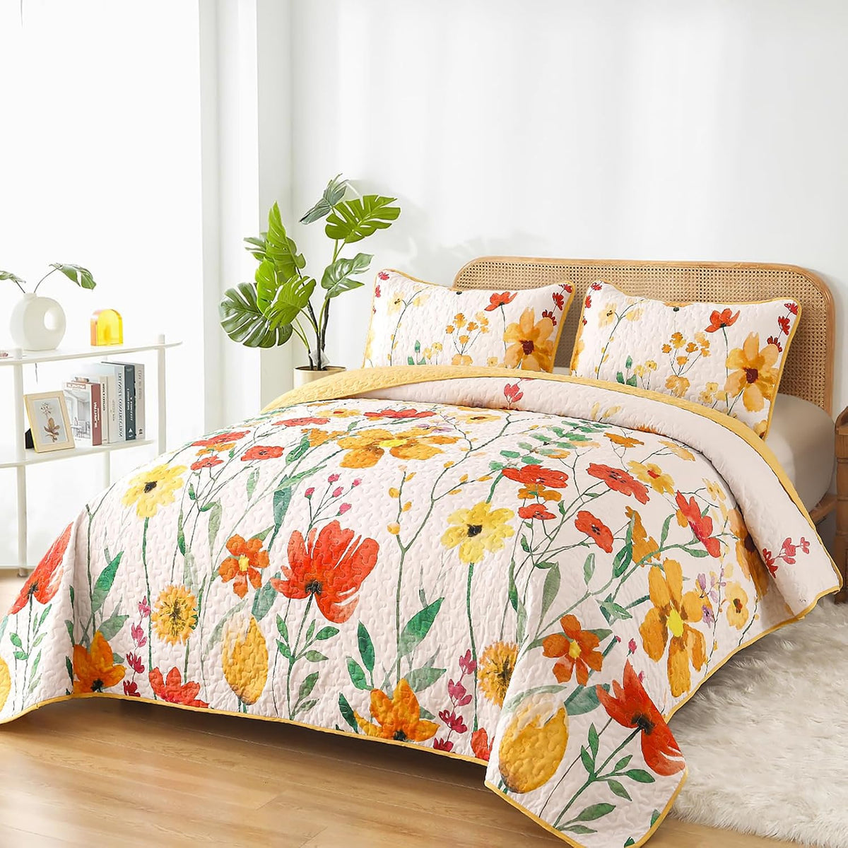Anibedding Floral Quilt Set King, 3 Pieces Yellow Lightweight Bedspread