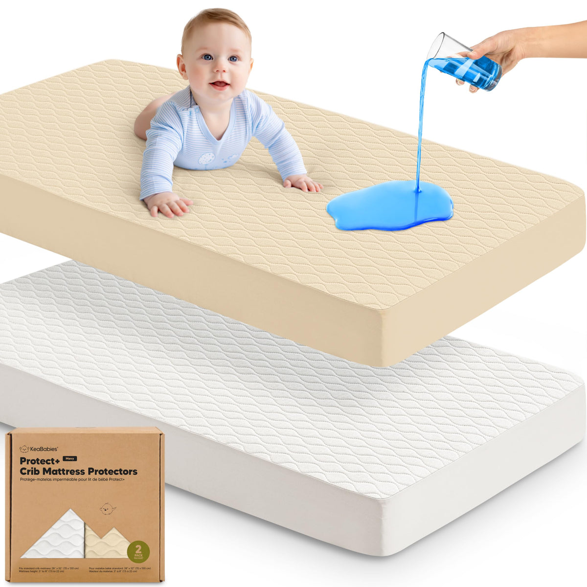 2pk Waterproof Crib Mattress Protector Cover Fitted 52x28 (Soft White/Mavy)