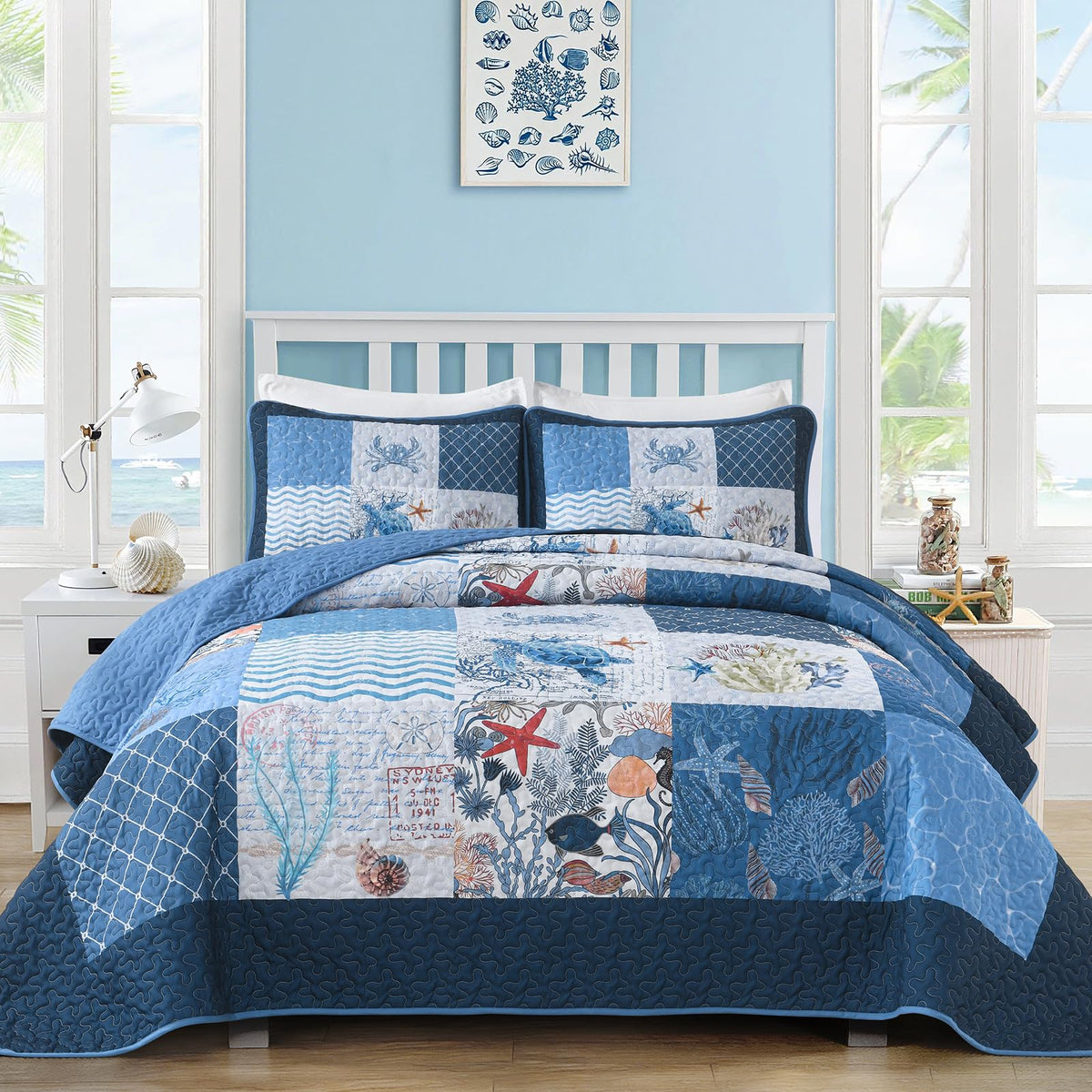 Dinjoy Coastal Quilts Queen Size, Blue Green Ocean Beach Themed Bedding Set