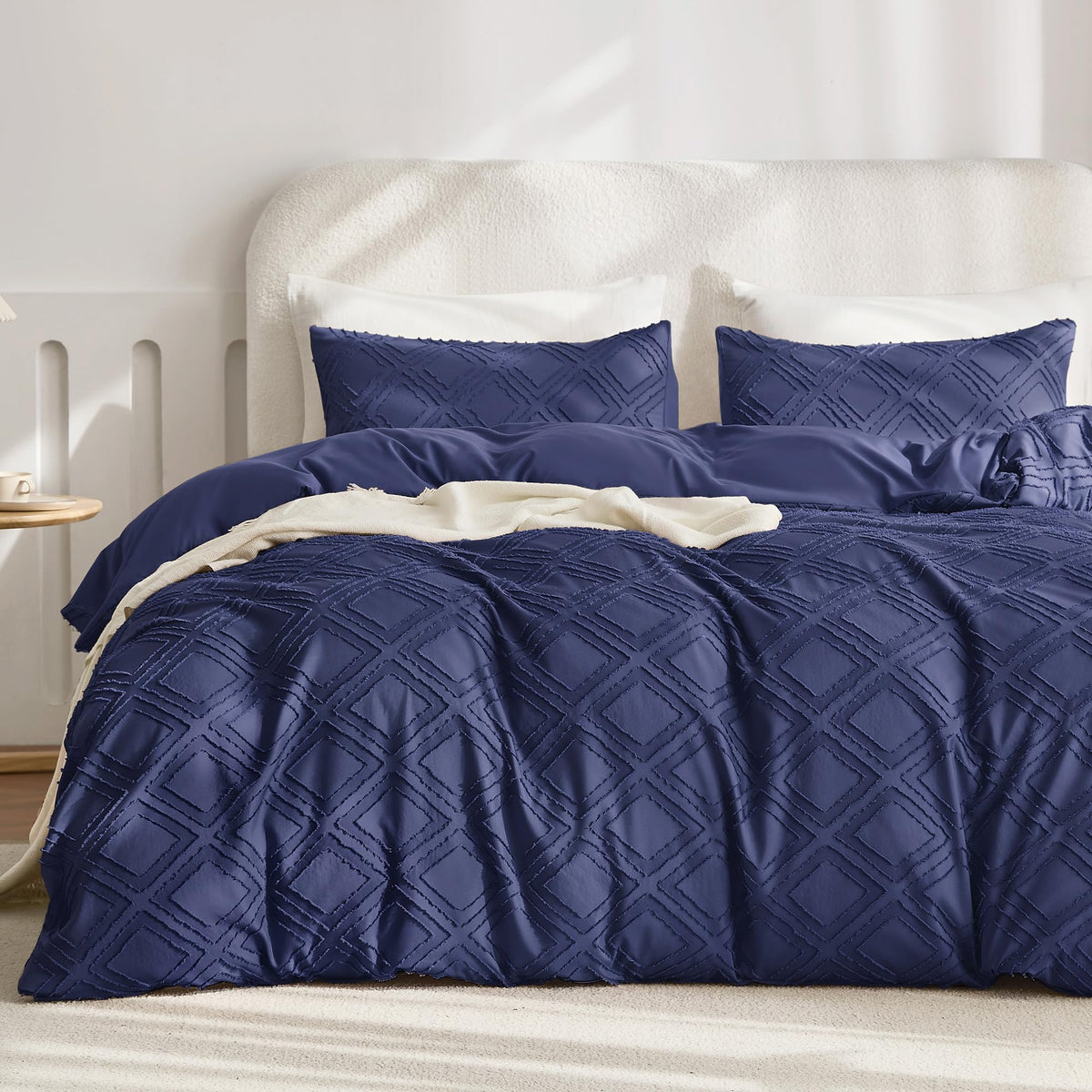 JELLYMONI White Striped Tufted Duvet Cover Set Queen Size