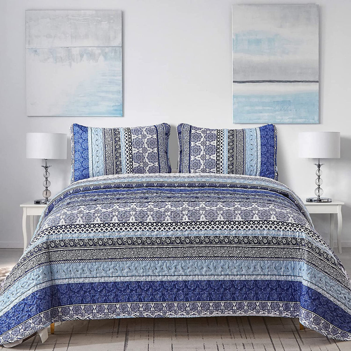 WONGS BEDDING Boho King Quilt Set，3 Pcs Light Blue Summer Bedspread