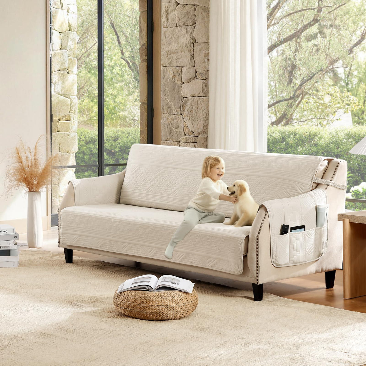 Soft Boho Quilted Couch Cover with Pockets for Extra-Large Sofa, Anti-Slip Boho Sofa Covers Washable for 3 Cushion Pet Friendly, Oversized Sofa Cover Water-Repellent (X-Large Sofa 78", Beige)
