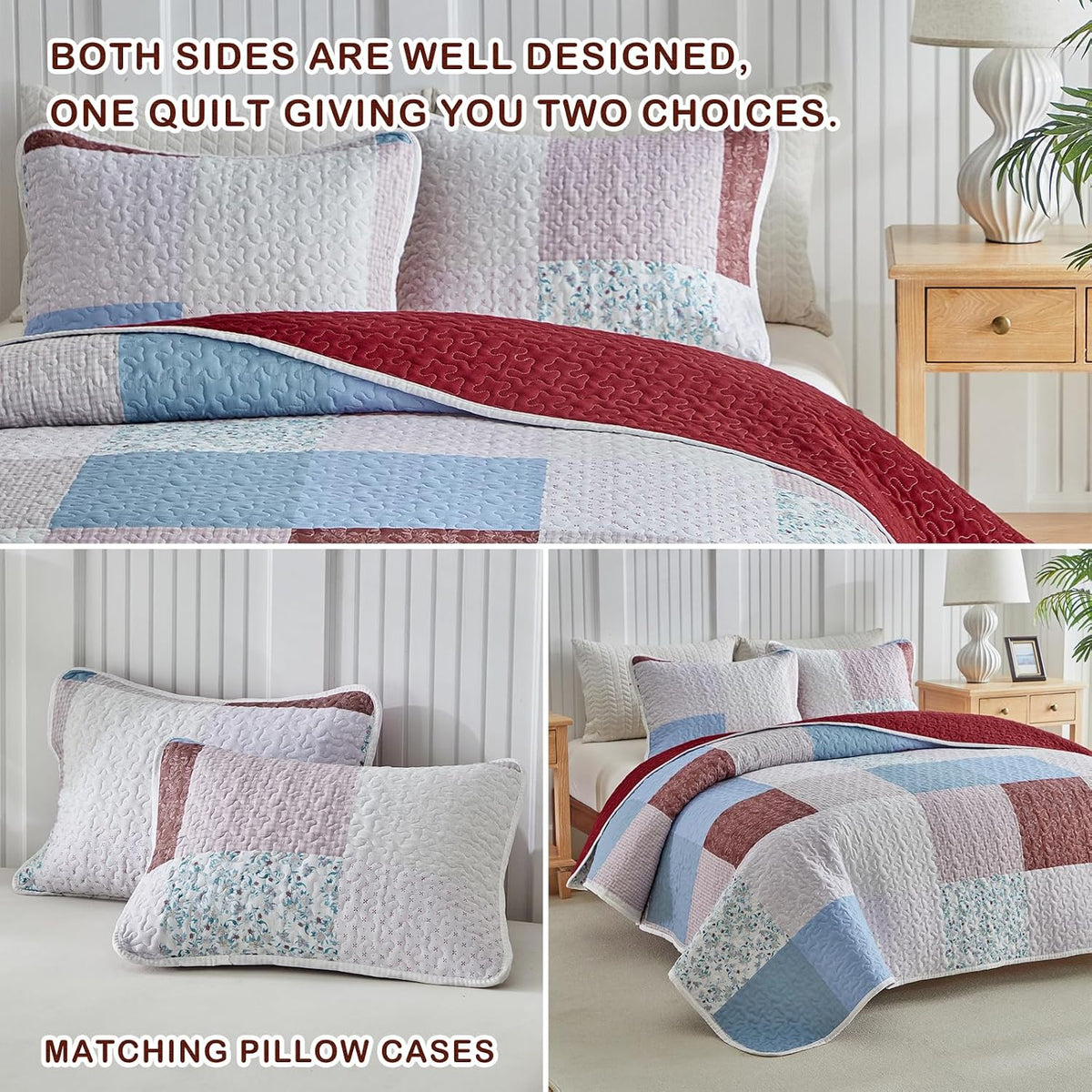Joyreap 2pcs Floral Quilt Set Twin, Burgundy Red Botanical Patchwork Grid Design, Lightweight Cozy Bedspread Coverlet for All Season- 68x88 inches