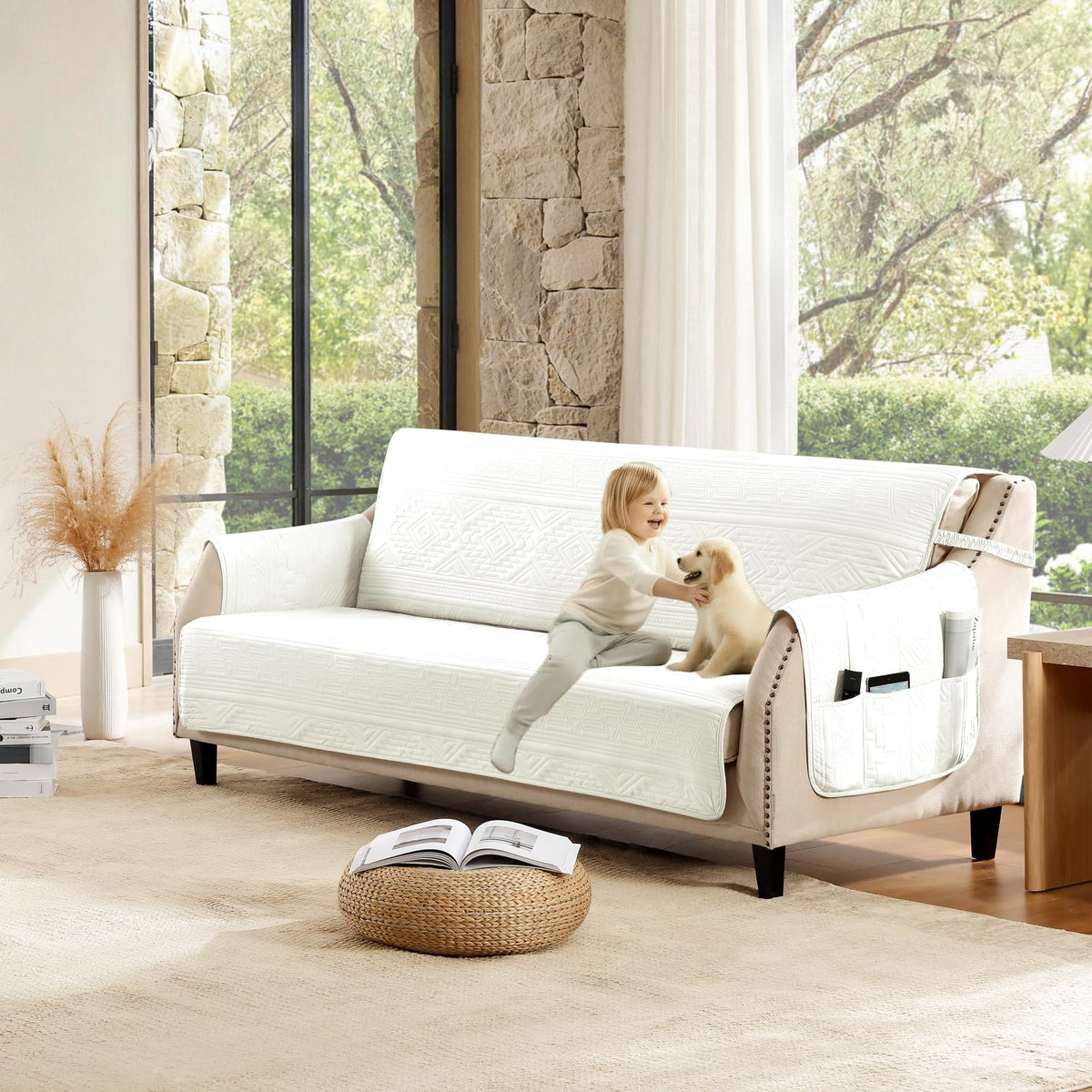 Soft Boho Quilted Couch Cover with Pockets for Extra-Large Sofa, Anti-Slip Boho Sofa Covers Washable for 3 Cushion Pet Friendly, Oversized Sofa Cover Water-Repellent (X-Large Sofa 78", Beige)