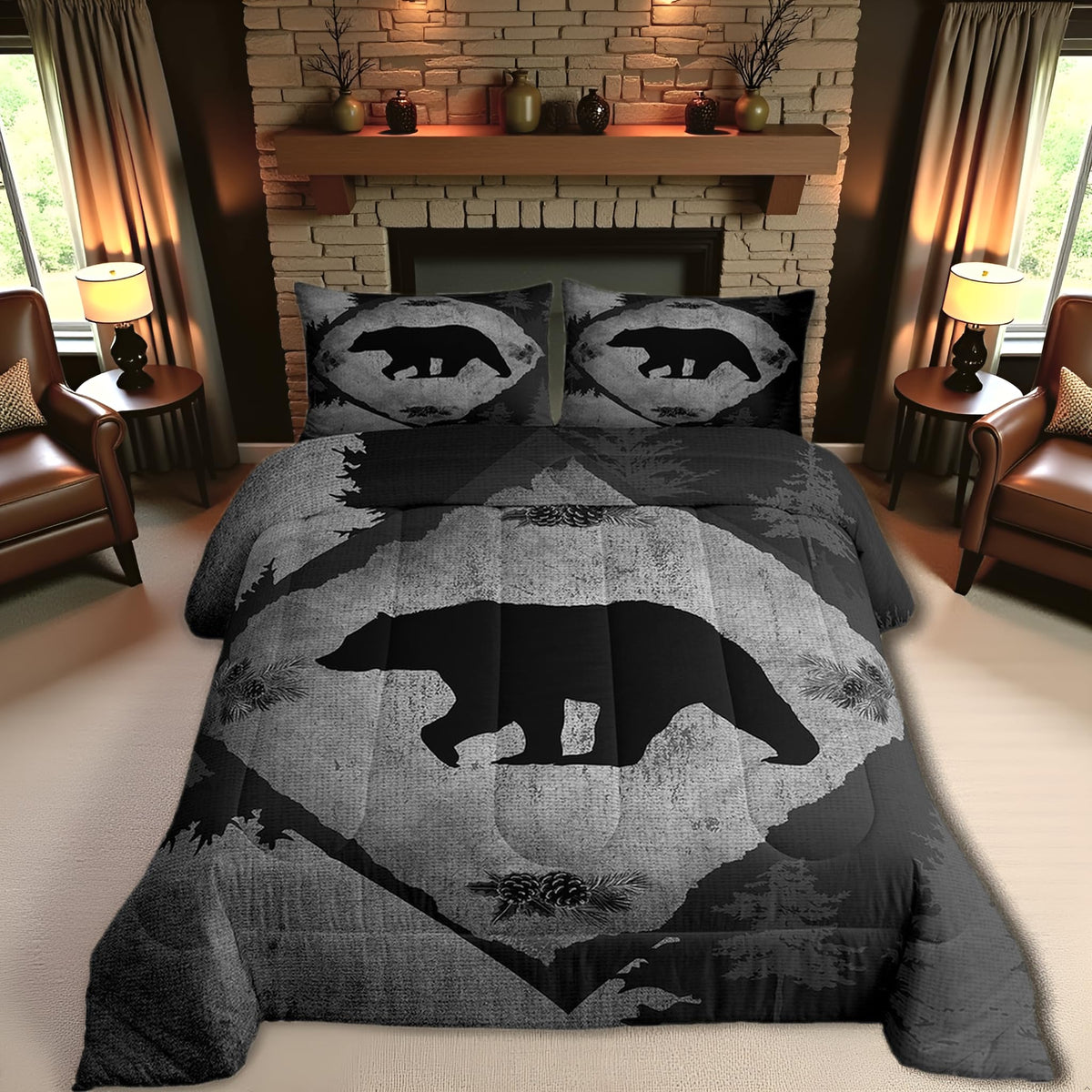 Homewish Jungle Cabin Comforter Set,Moose Animal Pine Trees Bedding Sets for Kids Teens Adults,Retro Wooden Stripes Rustic Farmhouse Quilted Comforter with 2 Pillowcases Queen Size 3 Pcs