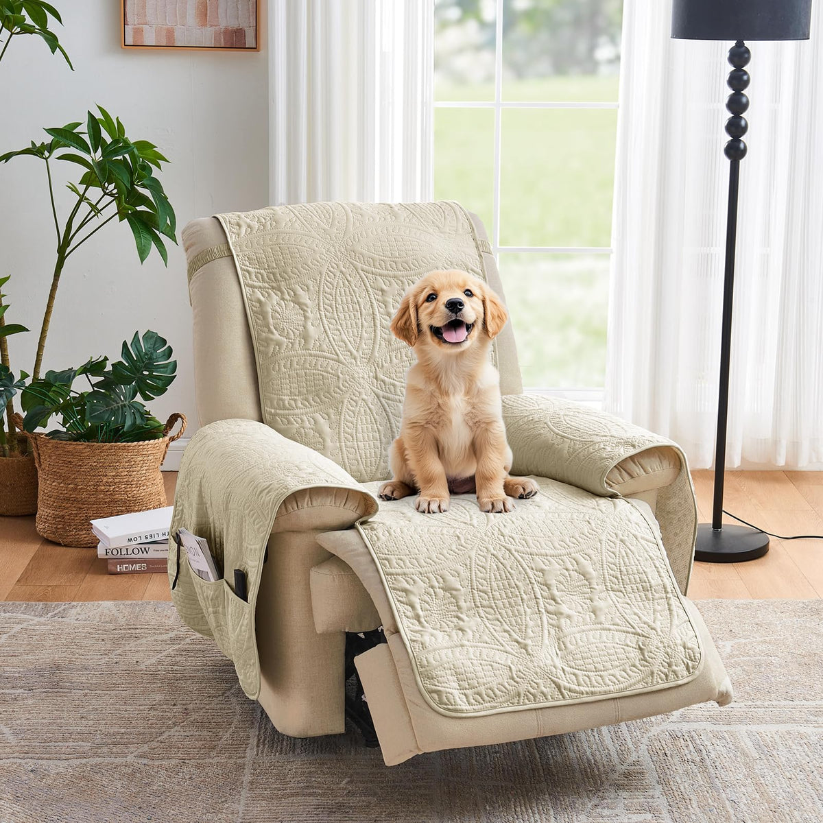 Soft Quilted Couch Cover with Pockets for Extra-Large Sofa, Anti-Slip Sofa Covers Washable for 3 Cushion Pet Friendly Medallion Oversized Sofa Cover Water-Repellent (X-Large Sofa 78", Ivory White)