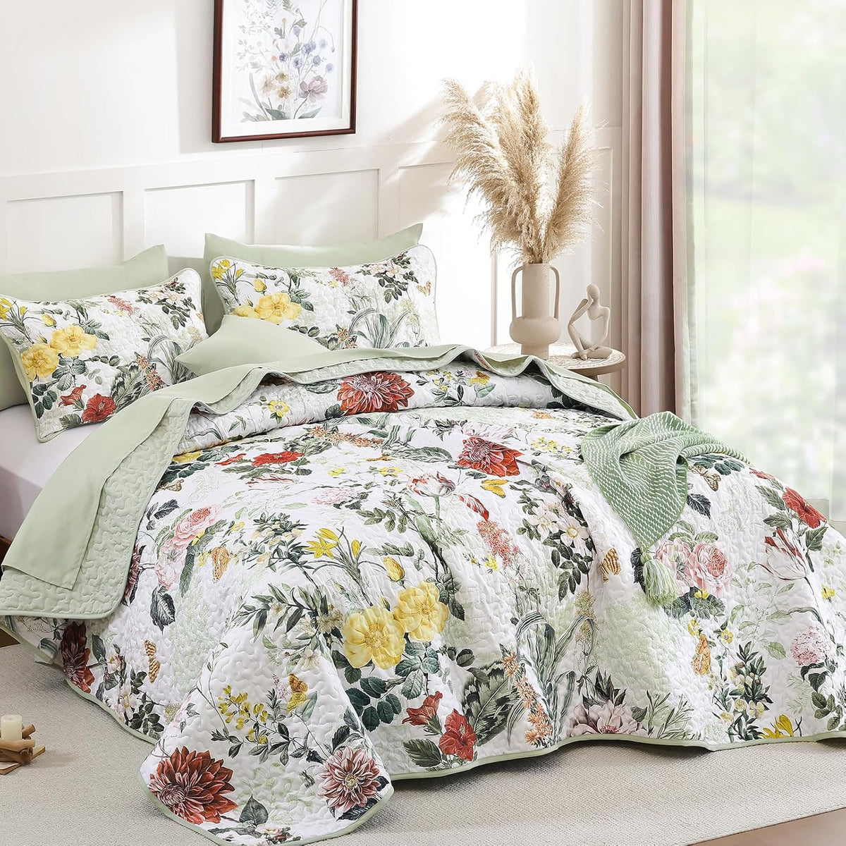 Anibedding Sage Green King Quilt Sets,3 Piece Floral Farmhouse Botanical Lightweight Bedspread Coverlet with 2 Shams Microfiber Spring Summer Bedding Set for All Season(110"x90")