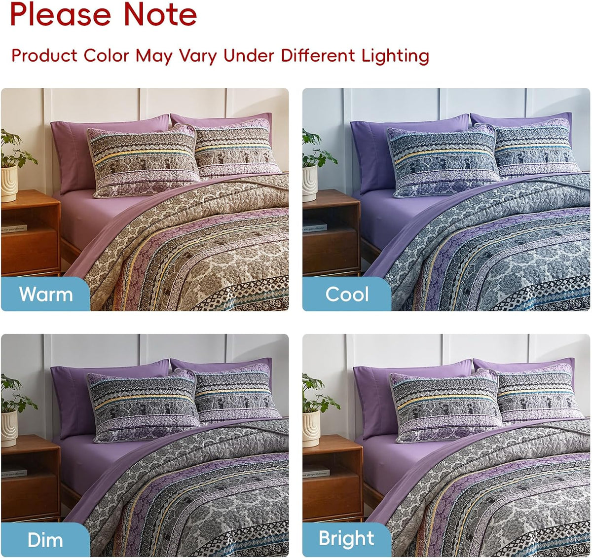 3 Pieces Colorful Boho Quilt Set Full Queen Size, Purple n Grey Bohemian Striped Printed Bedding Bedspread Coverlet Set for Summer, Soft Lightweight Microfiber Quilt with 2 Shams (88x88 inces)