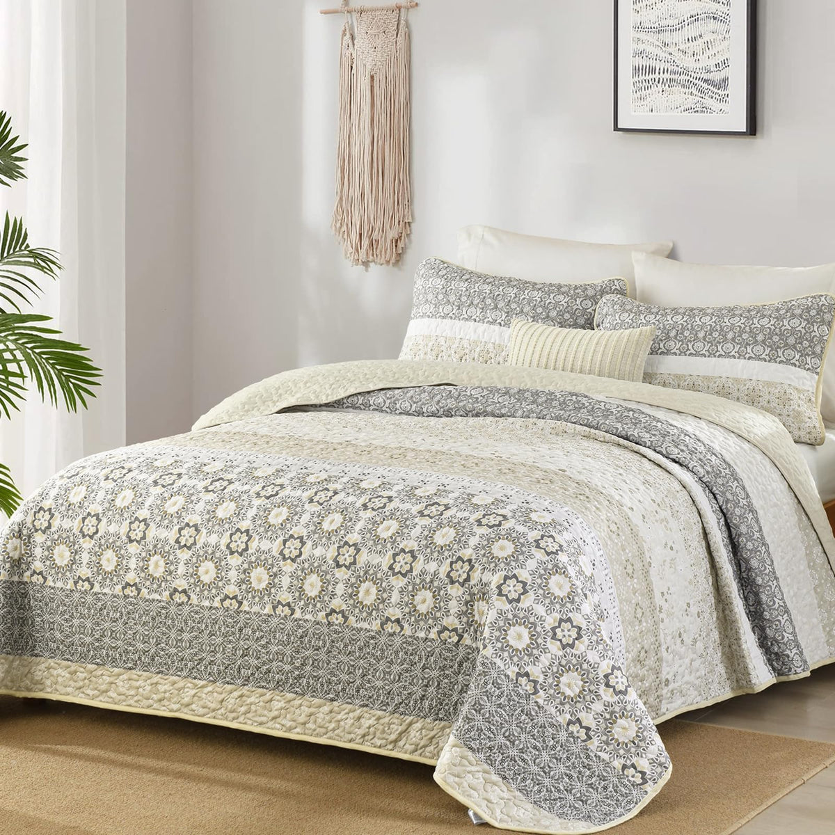 WONGS BEDDING Boho Quilt Set Queen，3 Pcs Yellow Floral Striped Bedspread
