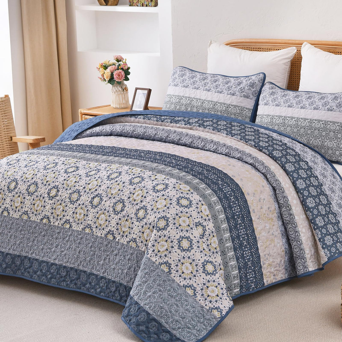 WONGS BEDDING Boho Quilt Set Queen，3 Pcs Yellow Floral Striped Bedspread