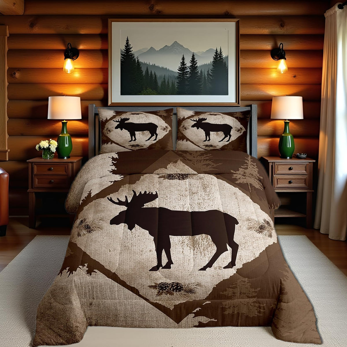 Homewish Jungle Cabin Comforter Set,Moose Animal Pine Trees Bedding Sets for Kids Teens Adults,Retro Wooden Stripes Rustic Farmhouse Quilted Comforter with 2 Pillowcases Queen Size 3 Pcs