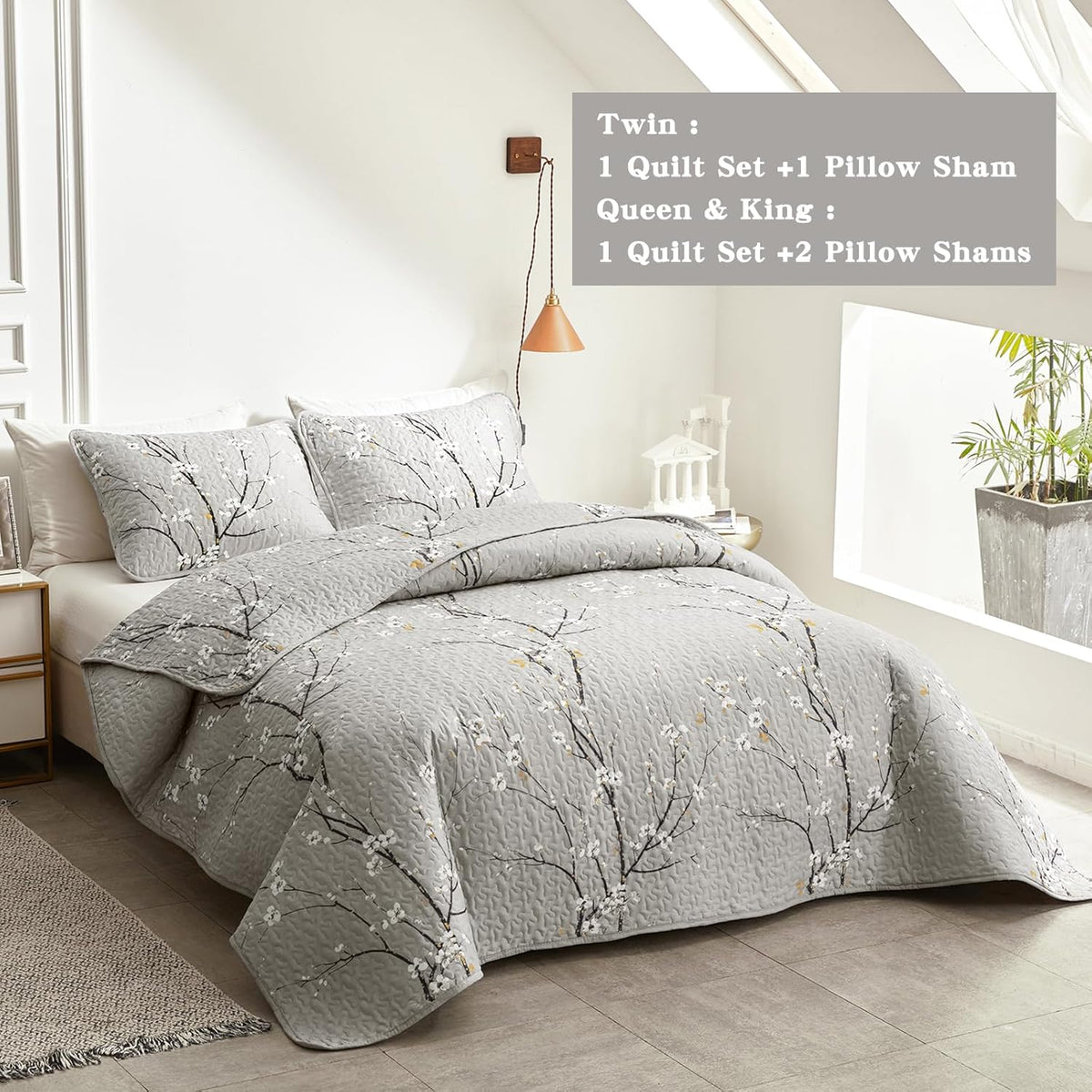 3 Piece Reversible Quilt Set Gray Branch with White Orange Floral King Size 102x88 Soft Microfiber Lightweight Coverlet Bedspread Summer Comforter Set Bed Cover for All Season (1 Quilt+ 2 Shams)