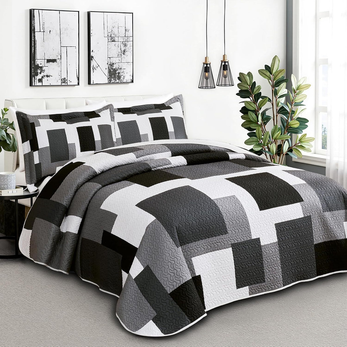 Tyrot 3 Piece Black Grey Quilt Full/Queen Size Black White Gray Bedding Set