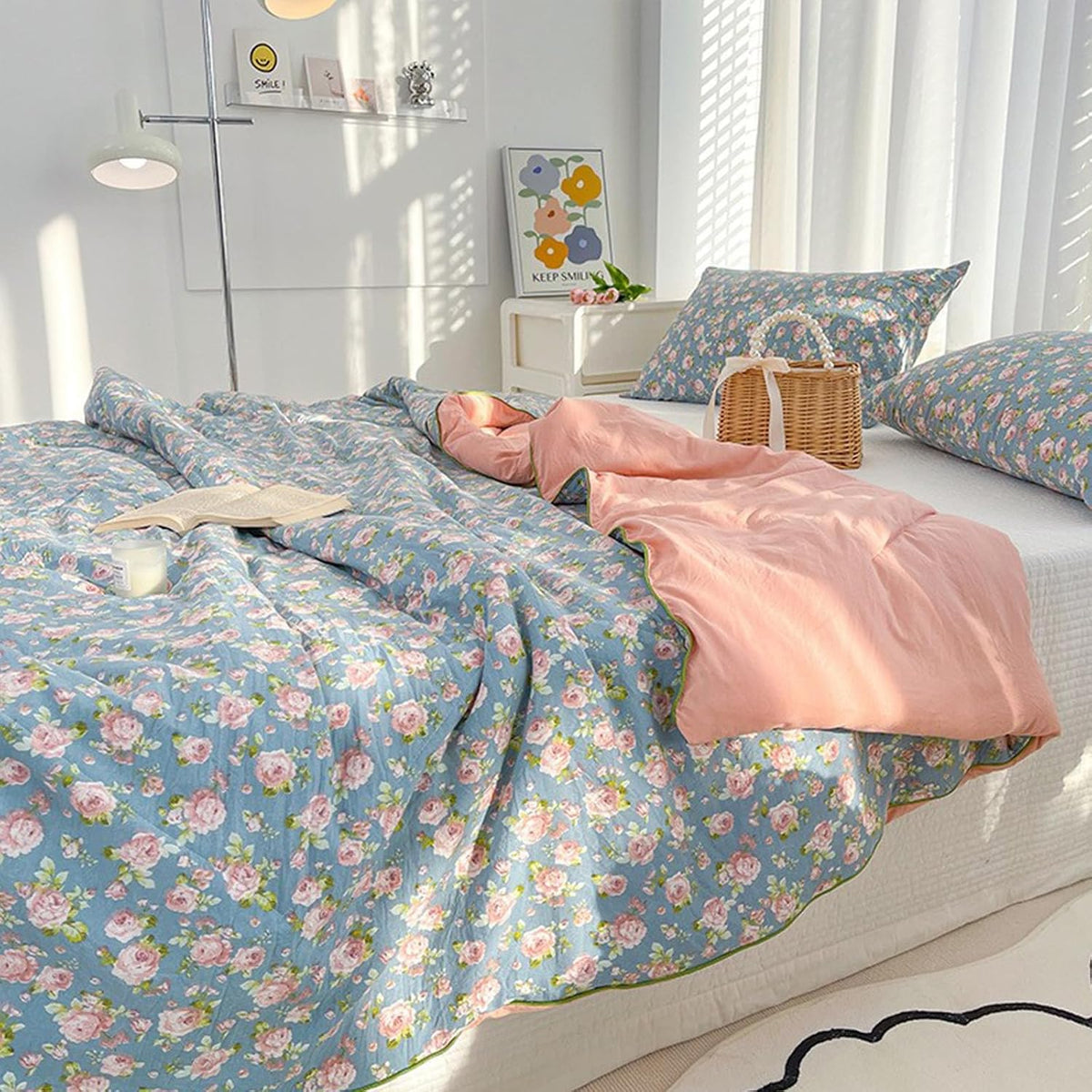 Floral Print Cooling Comforter for Hot Sleepers 78.74 × 59.06inch Lightweight Throw Blanket, Breathable Summer Quilt, Cold Touch Fabric Absorbs Body Heat for Night Sweats Sleeping (I)