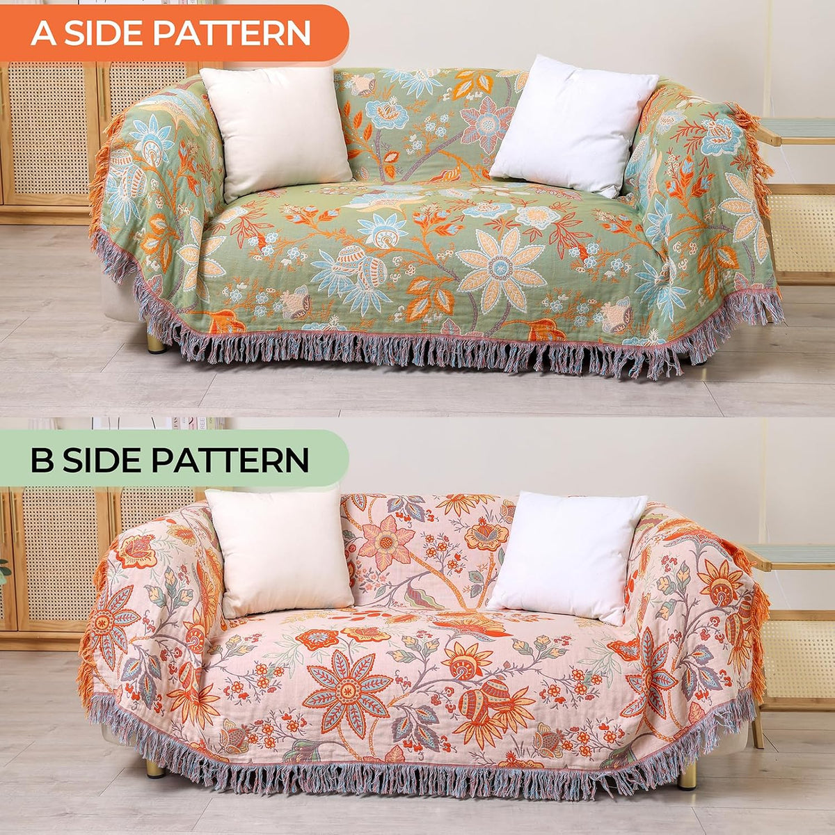 Floral Rustic Large Boho Throw Blanket 90"x98" Orange&Sage Green
