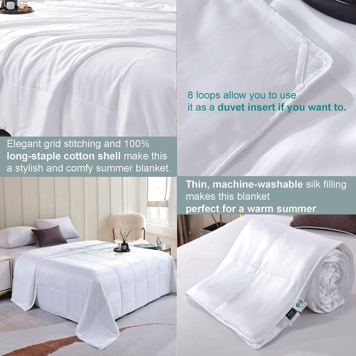 Silk Quilt/Blanket for Summer - White, Queen Size