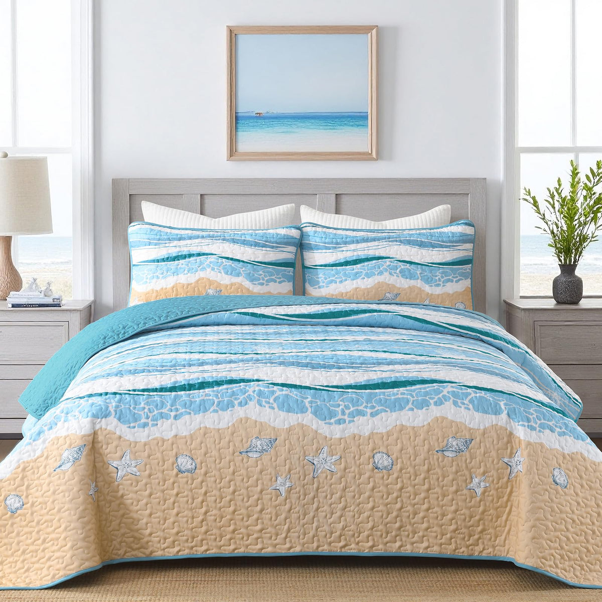 DJY Ocean Coastal Quilt Queen Size, 3 Pcs Sea Turtle Theme Bedspread Set