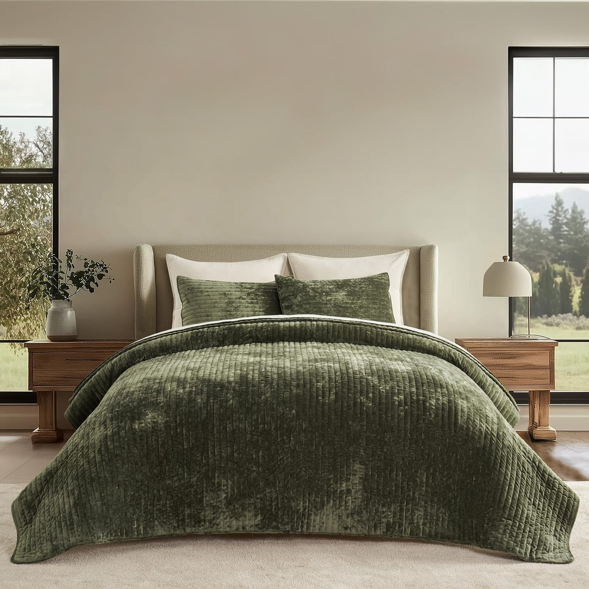 EverGrace Stripe Channel Luxury Velvet Quilt Set King Size, Mocha Brown