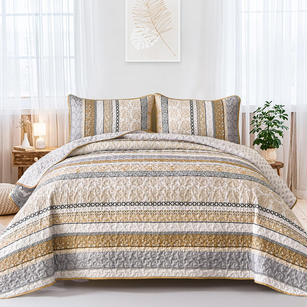 WONGS BEDDING Boho King Quilt Set，3 Pcs Light Blue Summer Bedspread