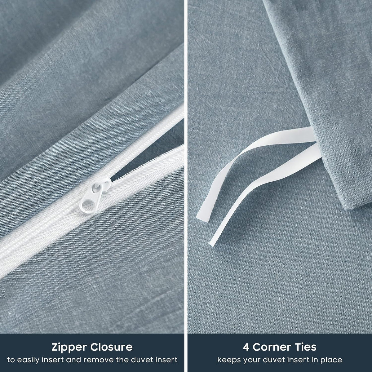 Wake In Cloud - Cotton Duvet Cover Set, 100% Washed Cotton, Linen Like Textured, Breathable Durable Comfy Farmhouse Neutral Bedding Set, 3 Pieces, Light Denim Blue, Twin/Twin XL Size